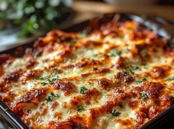 Delicious Parmesan Chicken Casserole topped with melted cheese and herbs