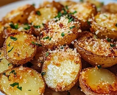 Deliciously crispy Parmesan Crusted Potatoes served on a plate