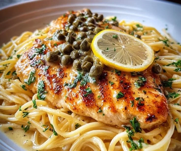 A plate of pasta topped with Chicken Piccata, garnished with parsley and lemon.