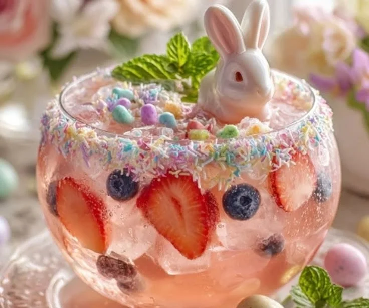 Pastel Bunny Punch in a festive glass with colorful decorations