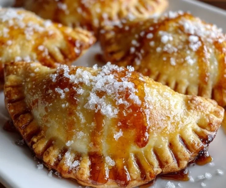 Freshly baked Peach Hand Pies on a plate with a golden crust