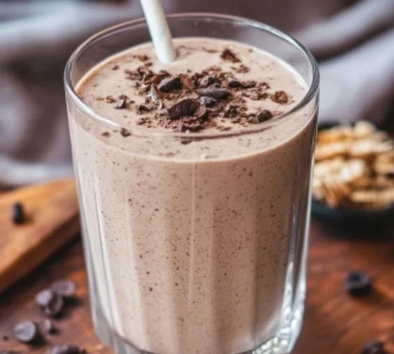 Creamy peanut butter protein shake in a glass topped with crushed peanuts