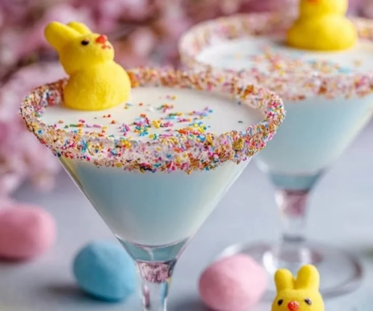 Peep-tini cocktail garnished with colorful marshmallow peeps