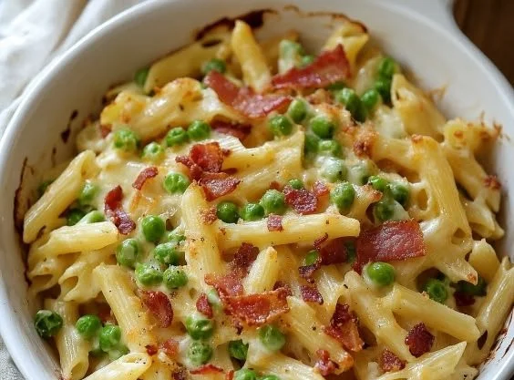 Delicious Penne Pasta with Peas and Crispy Bacon served in a creamy sauce