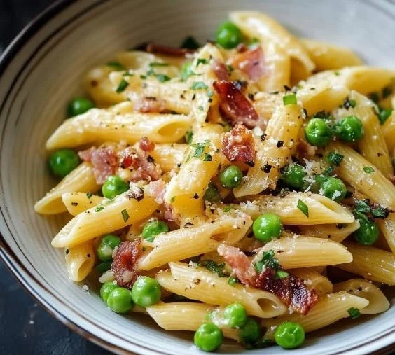Penne pasta dish topped with peas and beef bacon, garnished for presentation.