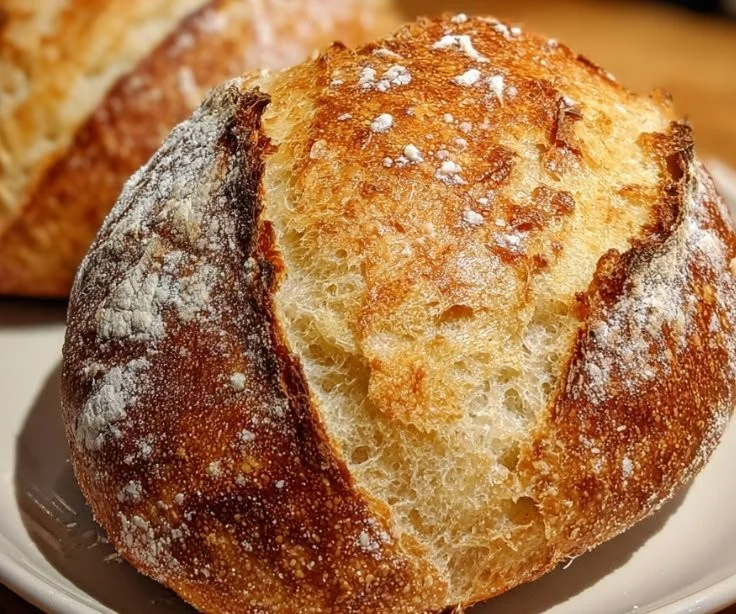Loaf of crispy golden sourdough bread made from discard
