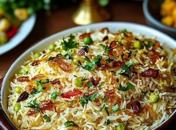 Persian Jeweled Rice garnished with nuts and dried fruits on a serving platter.