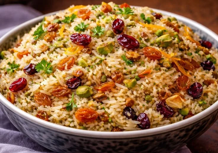 Bowl of Persian jeweled rice topped with nuts and dried fruits