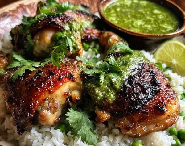 Delicious Peruvian chicken served with rice and green sauce on a plate.
