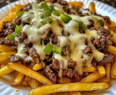 Delicious Philly Steak Cheese Fries topped with melted cheese and savory steak