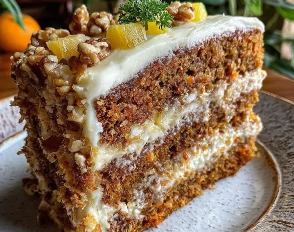 Delicious pineapple carrot cream cake topped with cream frosting and fresh fruits.