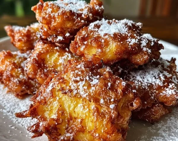 Golden crispy pineapple fritters served on a plate for a delightful treat