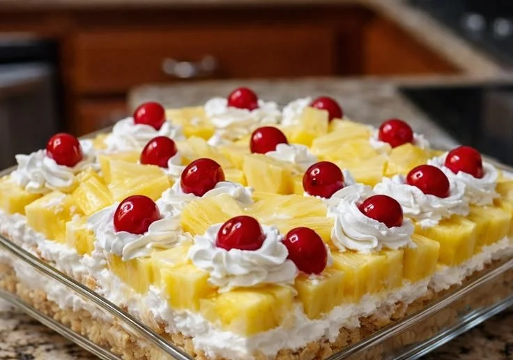 Deliciously moist Pineapple Heaven Cake topped with coconut and fresh pineapple slices