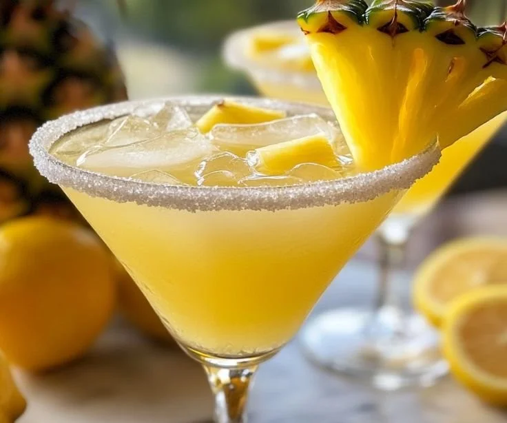 Pineapple Lemon Drop cocktail served in a glass with a slice of lemon and pineapple