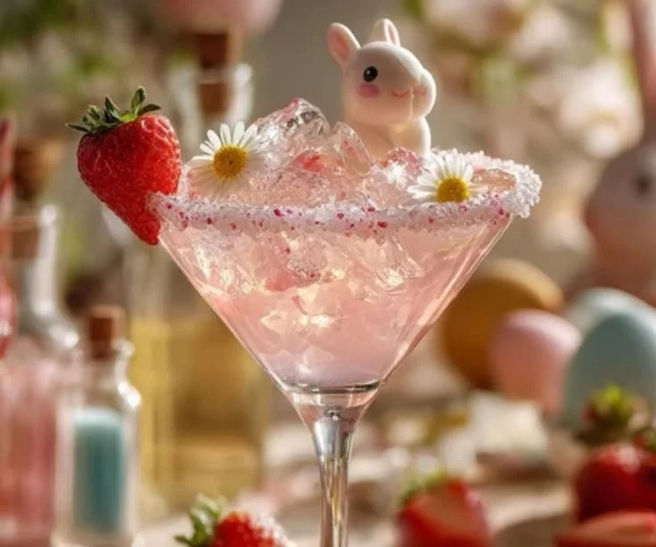 Pink Bunny Fizz cocktail with creamy fruity colors in a glass.
