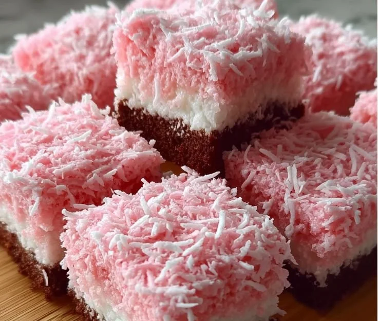 Pink coconut snowball dessert bars topped with shredded coconut.