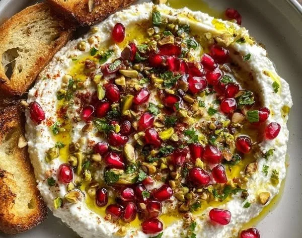 Pomegranate Pistachio Feta Dip served in a bowl garnished with pomegranate seeds.