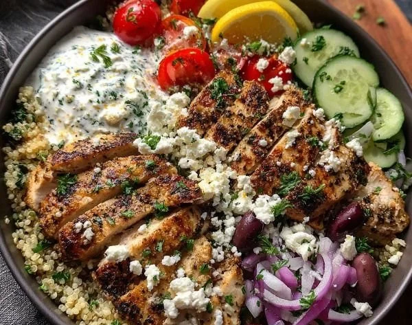 Delicious Mediterranean chicken bowls topped with fresh vegetables and grains