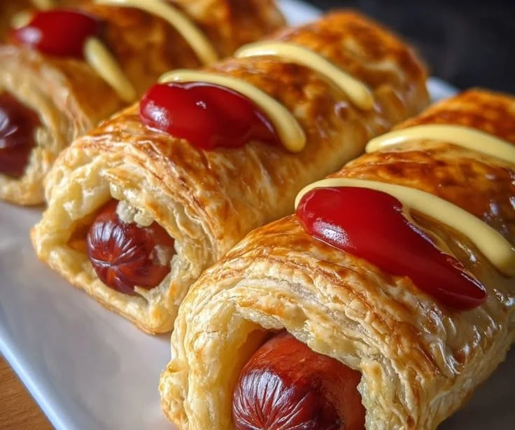 Puff pastry hot dogs freshly baked and served on a plate