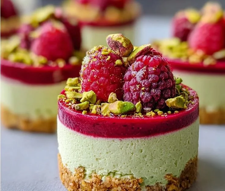 Delicious Raspberry Pistachio Mousse Cakes topped with fresh raspberries and pistachios.