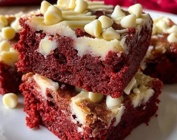 Delicious red velvet cookie bars topped with cream cheese frosting.