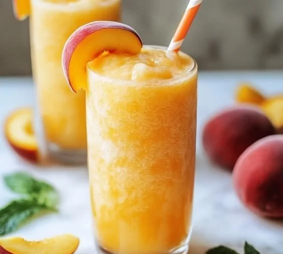 Refreshing homemade peach slurpees in a glass with fresh peaches