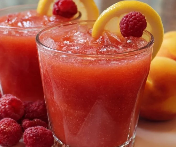Glass of refreshing raspberry peach lemonade with fresh fruit slices