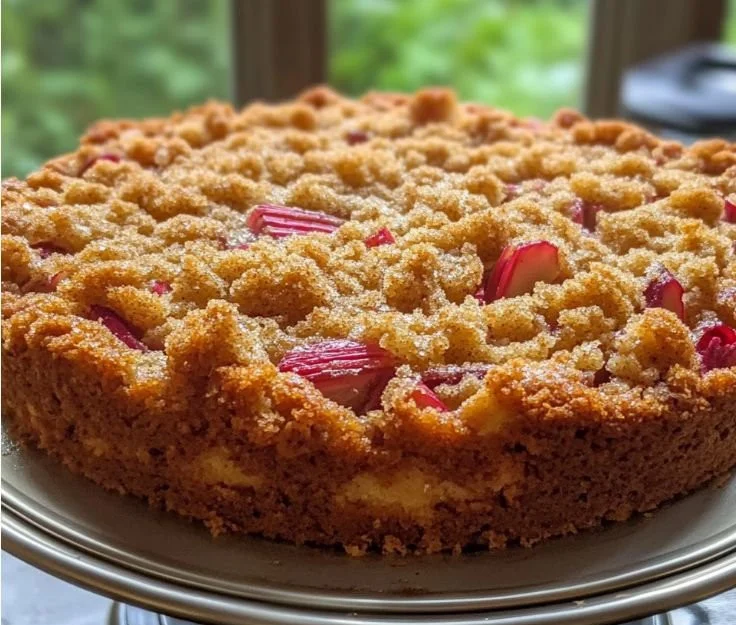 Rhubarb Sour Cream Coffee Cake fresh out of the oven, ready to serve.