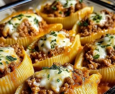Ricotta Beef Stuffed Shells served with marinara sauce on a plate