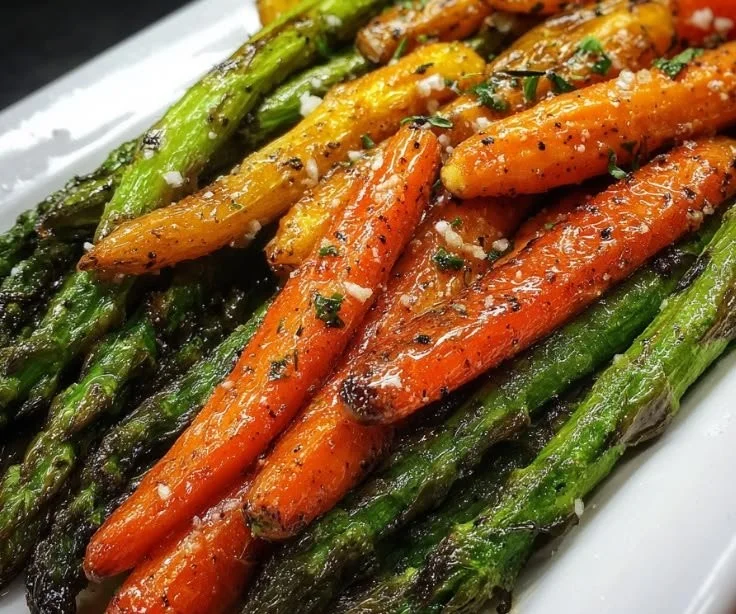 Crispy roasted asparagus and carrots dish, golden perfection served on a plate
