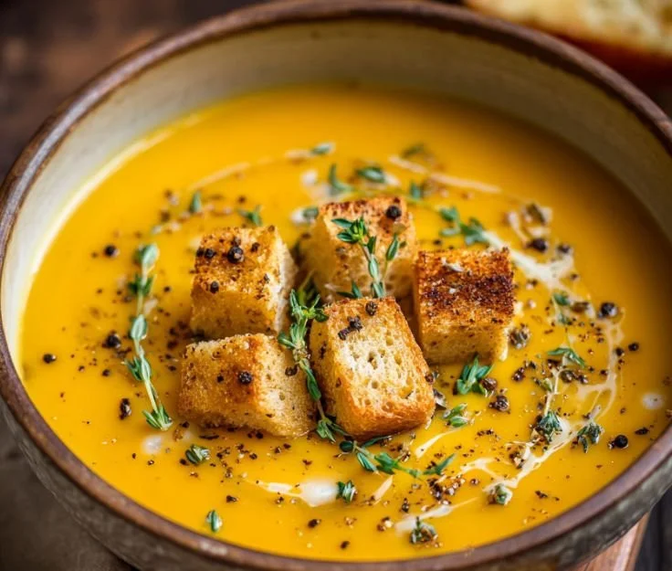 Bowl of creamy roasted butternut squash soup garnished with herbs