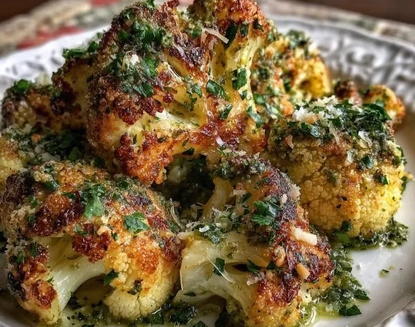 Roasted cauliflower topped with Parmesan cheese and pesto sauce on a serving plate.