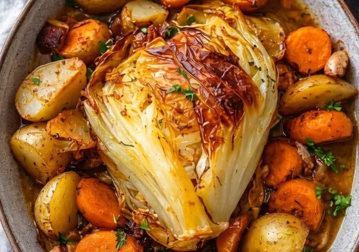 Roasted potatoes with carrots and fresh herbs served as a side dish