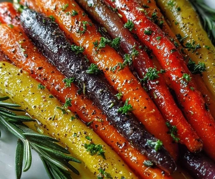 Dish of roasted rainbow carrots garnished with herbs and spices