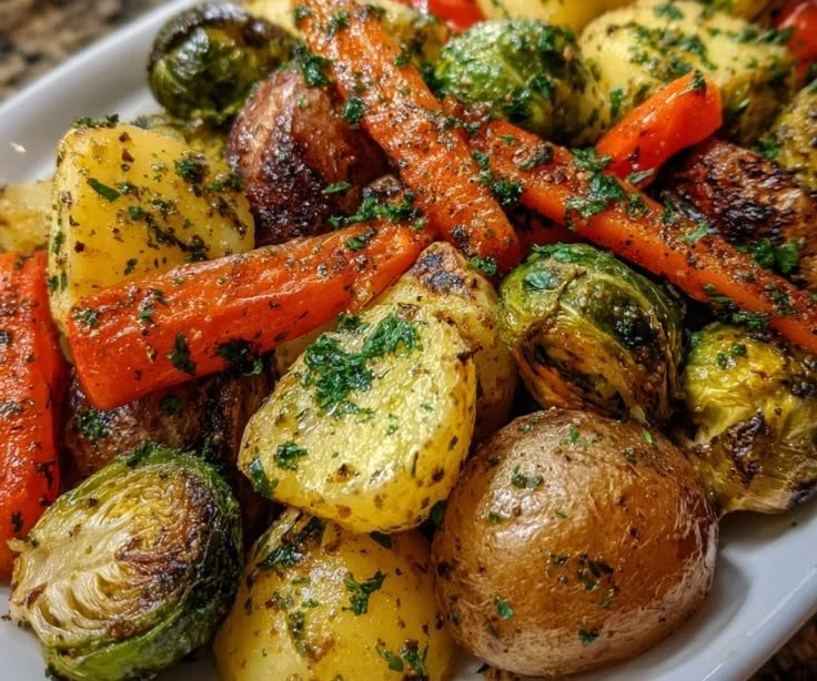 Plate of colorful roasted vegetables topped with cowboy butter