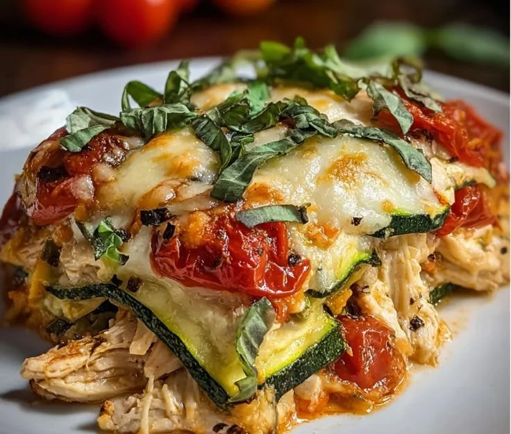 Rotisserie chicken and zucchini casserole topped with cheese and herbs