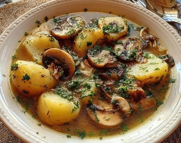 Bowl of Russian-Style Potato and Mushroom Soup with fresh herbs
