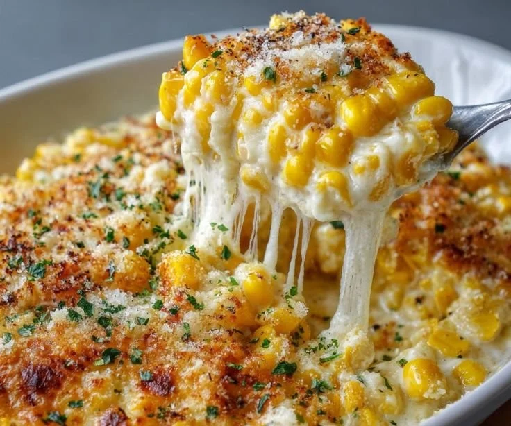 Delicious Ruth's Chris Creamed Corn Au Gratin served in a baking dish
