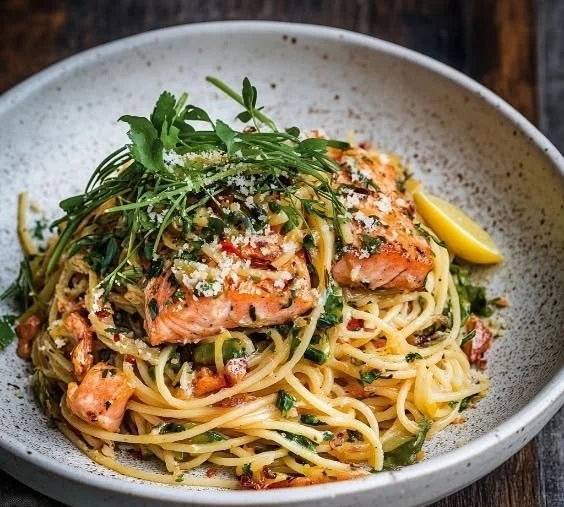 Plate of Salmon Linguine garnished with chili oil, ready to be served.