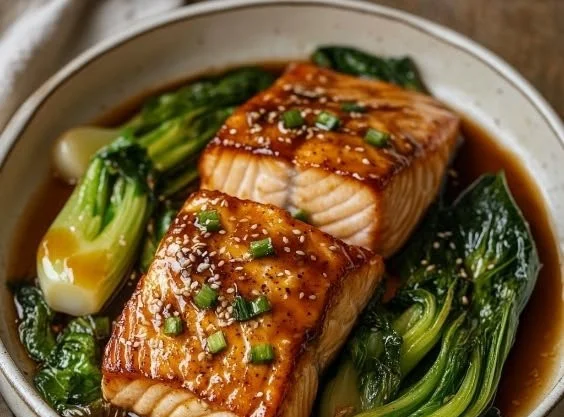 Delicious salmon fillet glazed with miso butter on a plate