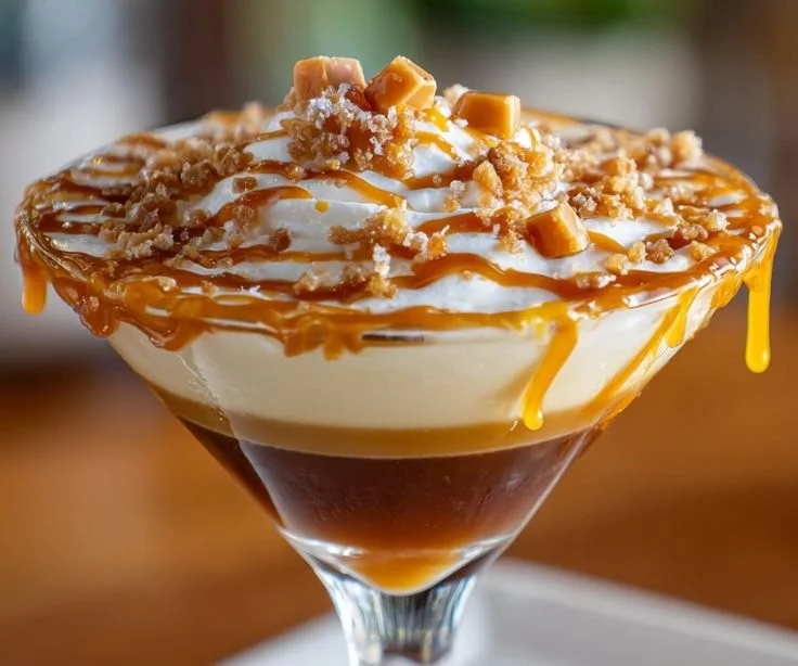 Delicious Salted Caramel Cream Martini cocktail with creamy foam and caramel drizzle