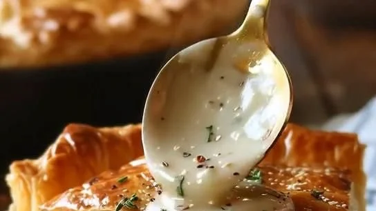 Sausage gravy puff pie served on a plate with a garnish