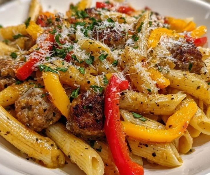 Delicious Sausage & Peppers Pasta topped with herbs and spices.