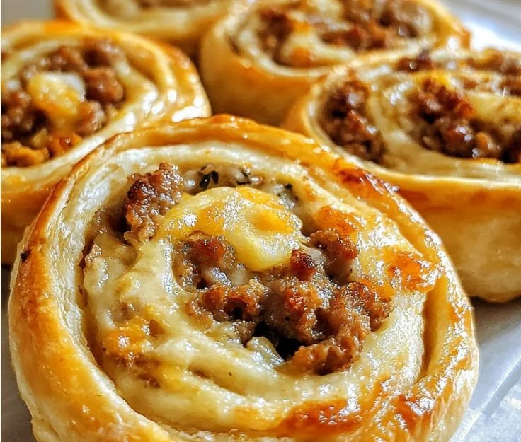 Delicious homemade sausage pinwheels on a serving platter.