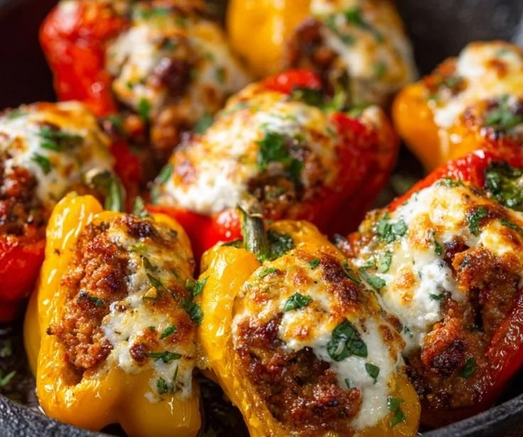 Sausage stuffed sweet mini peppers served on a platter