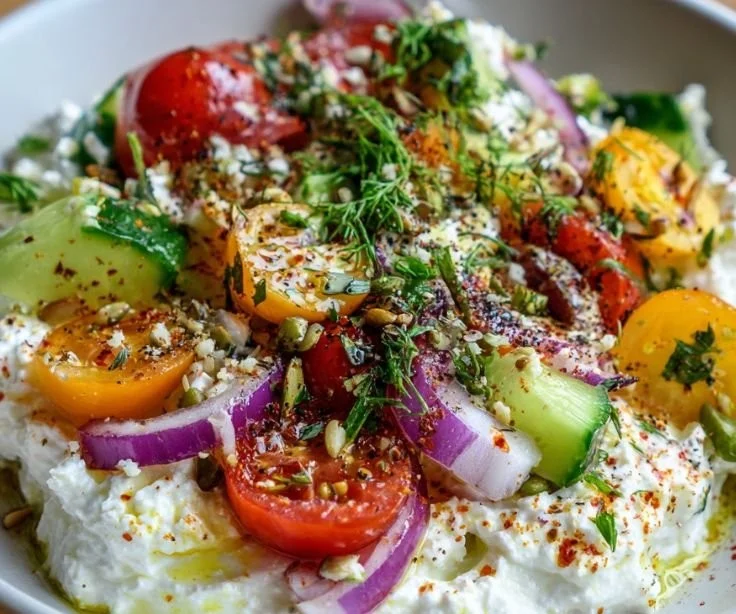 Savory cottage cheese bowl topped with fresh vegetables and crunchy seeds