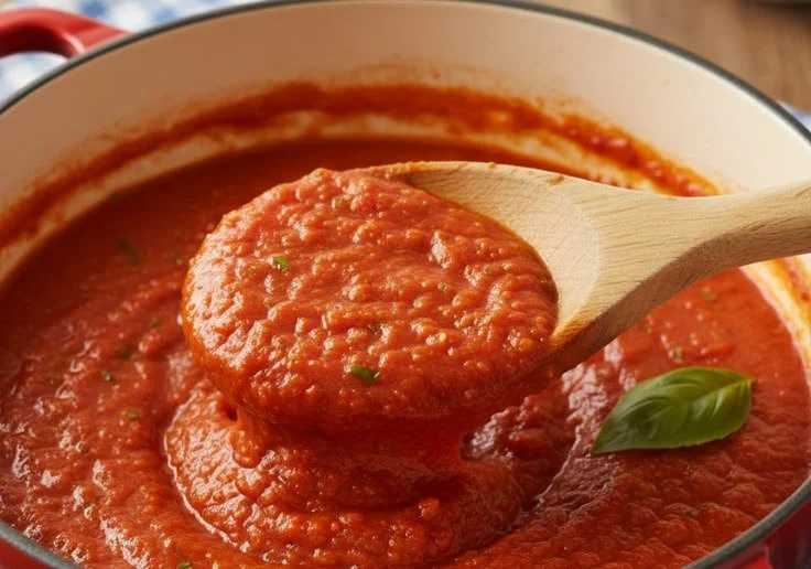 Homemade savory pizza sauce recipe with fresh herbs and tomatoes