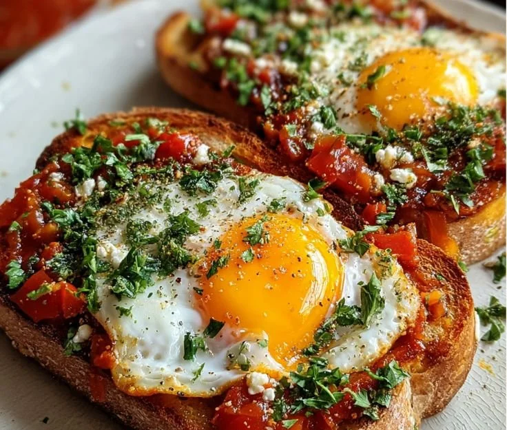 Shakshouka on toast: a delicious breakfast dish with eggs and spices on crispy bread.