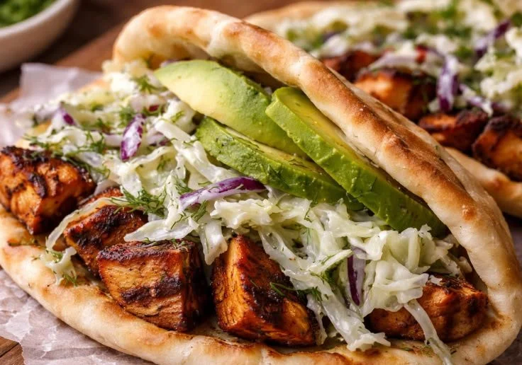 Sheet Pan Chicken Pitas topped with Herby Ranch Dressing on a plate.