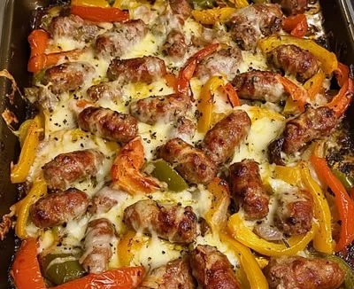 Sheet pan sausage and peppers dish ready to serve for a quick dinner